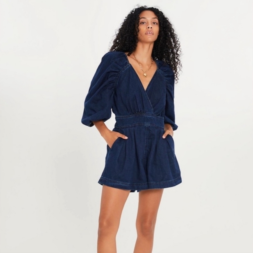 Free People Greta dark wash Denim romper